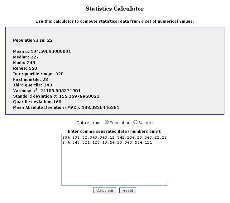 The statistics calculator displays the results